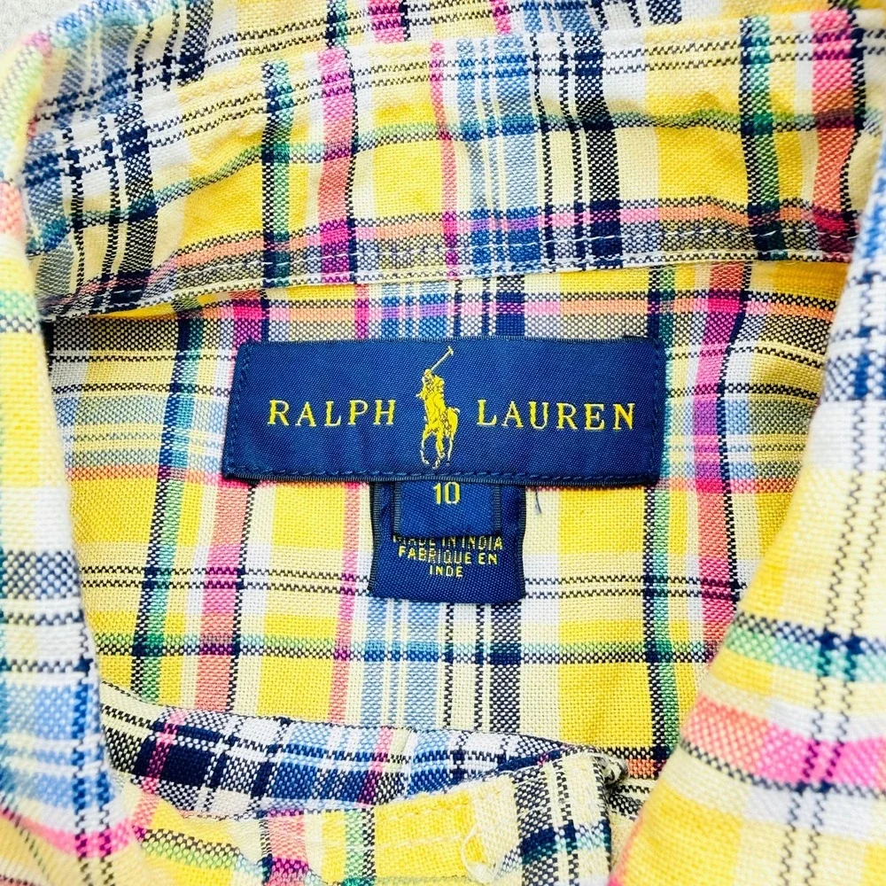 Ralph Lauren Boys Shirt Size 10 Yellow Multicolor Plaid Flesh Pony Long Sleeve